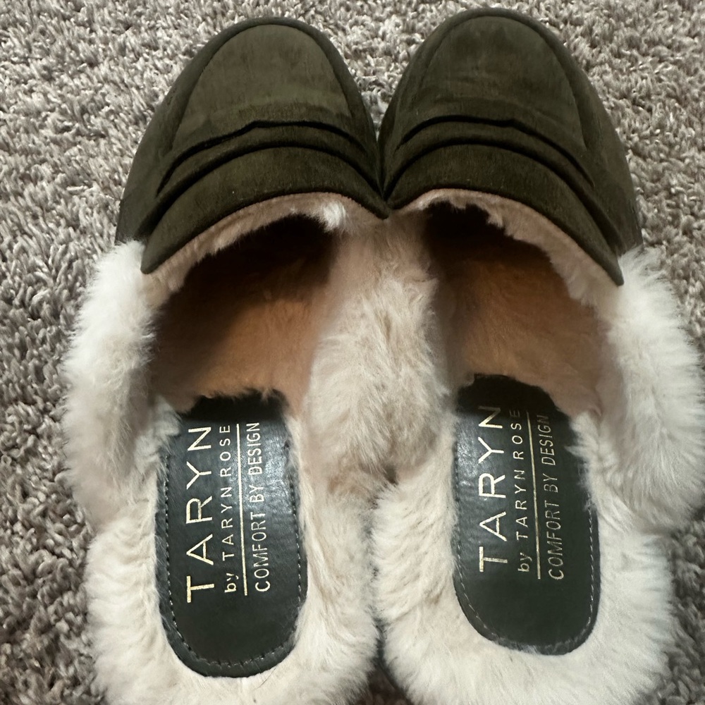 Taryn Rose Olive Green Suede Fur-Lined Loafers - Picture 2 of 4